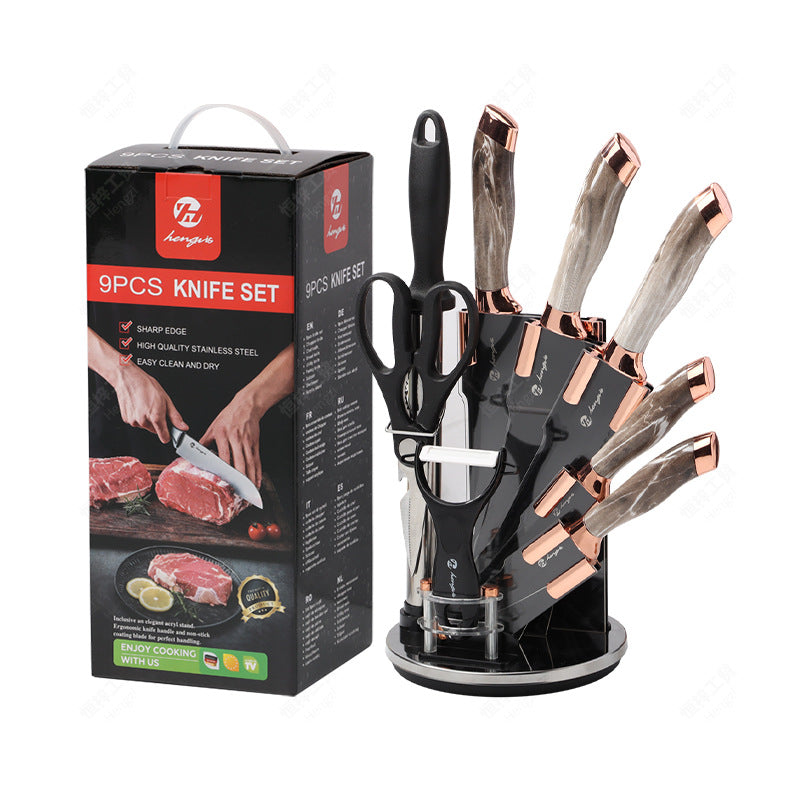 9 Pieces Rose Gold Marble Knife Holder Stainless Steel Kitchen Knife Set