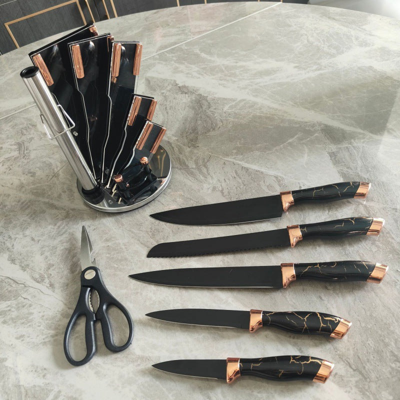 9 Pieces Rose Gold Marble Knife Holder Stainless Steel Kitchen Knife Set