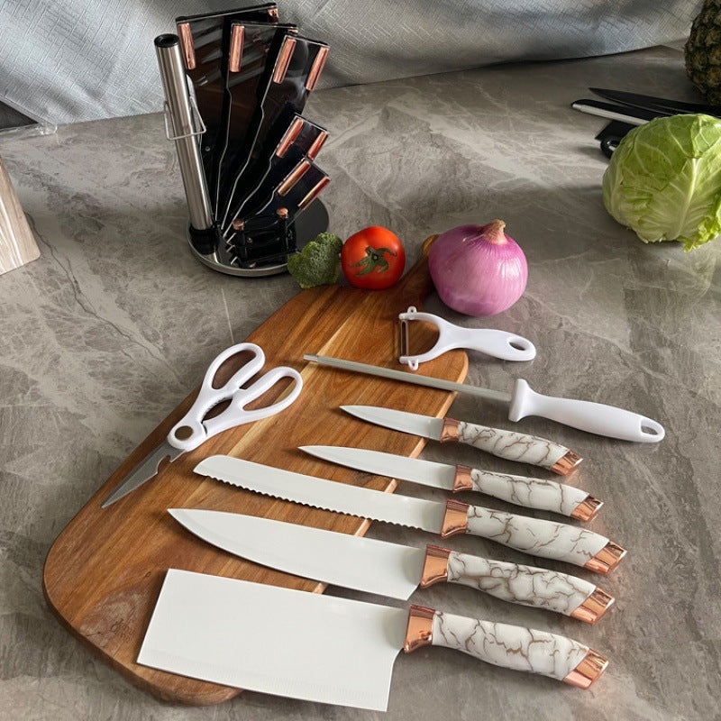 9 Pieces Rose Gold Marble Knife Holder Stainless Steel Kitchen Knife Set