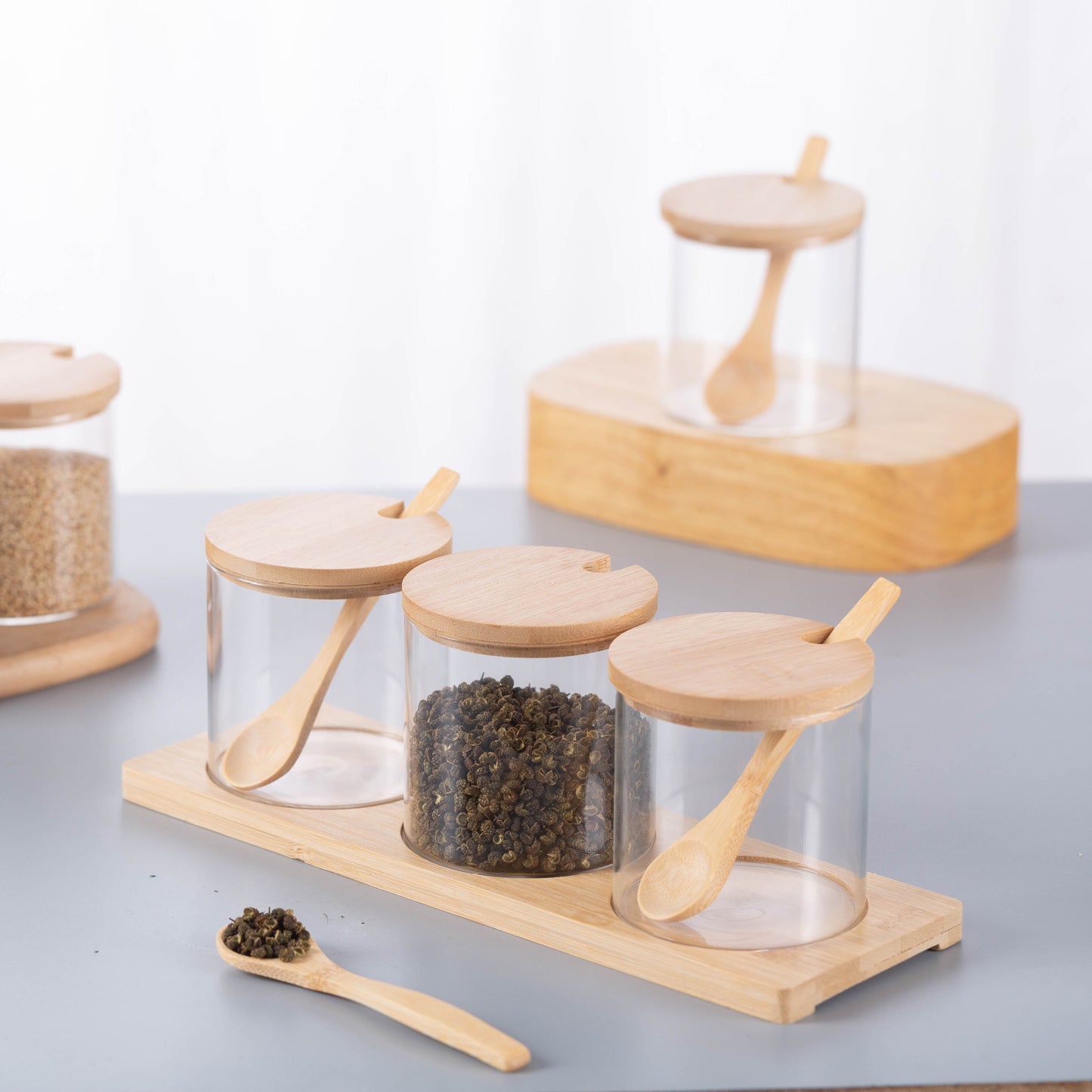 Set Of 3 Jars With Wooden Stand