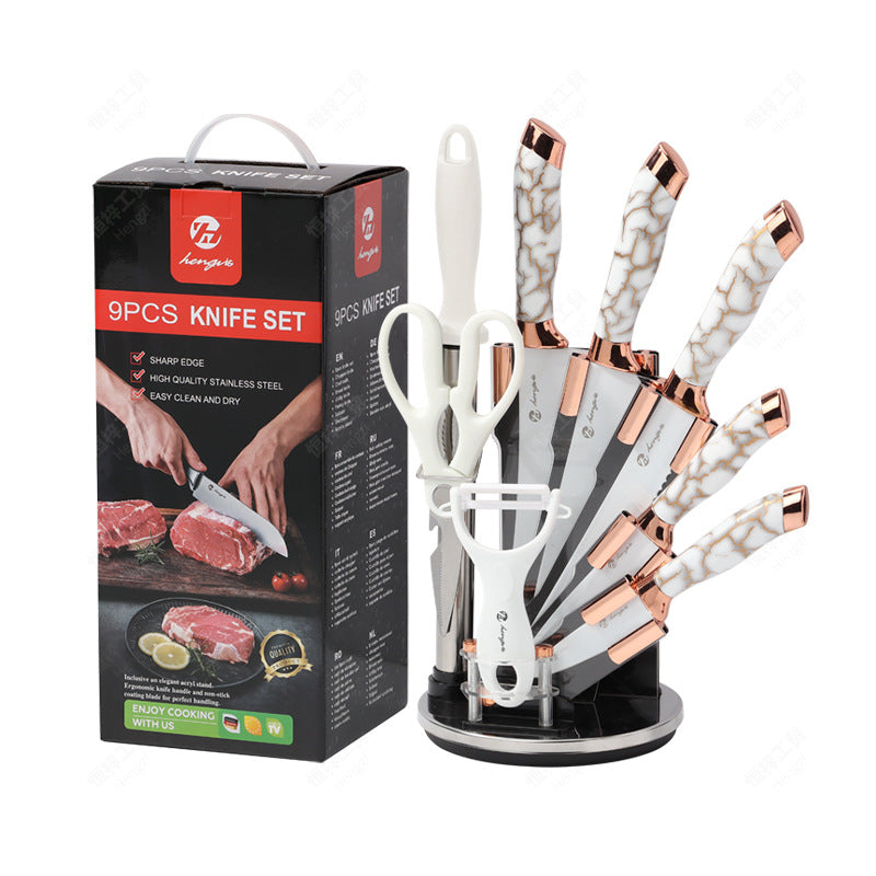 9 Pieces Rose Gold Marble Knife Holder Stainless Steel Kitchen Knife Set